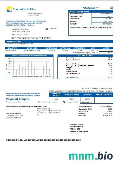 USA Washington Sunnyside Utilities water rachunek za usługi komunalne szablon w formatach Word i PDF